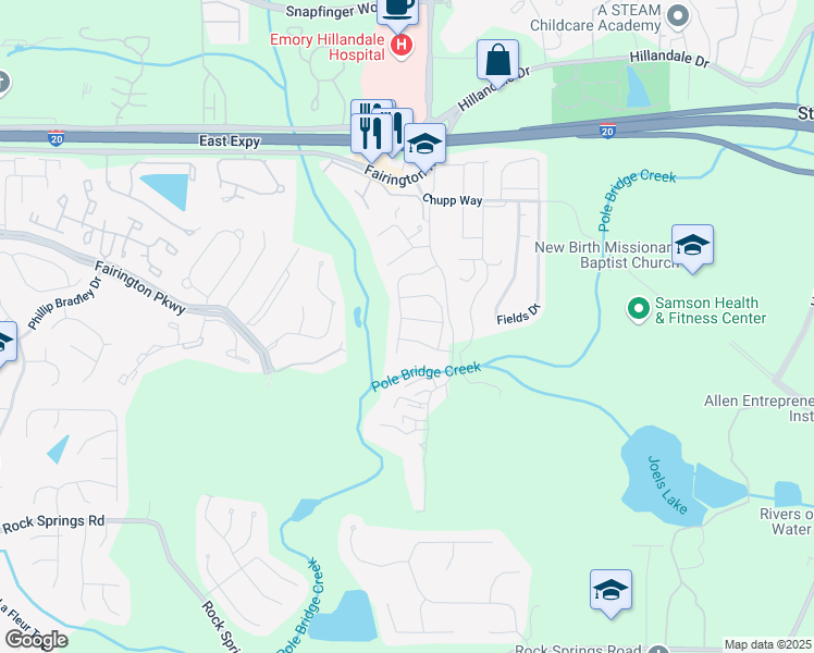 map of restaurants, bars, coffee shops, grocery stores, and more near 5847 Trent Walk Drive in Stonecrest