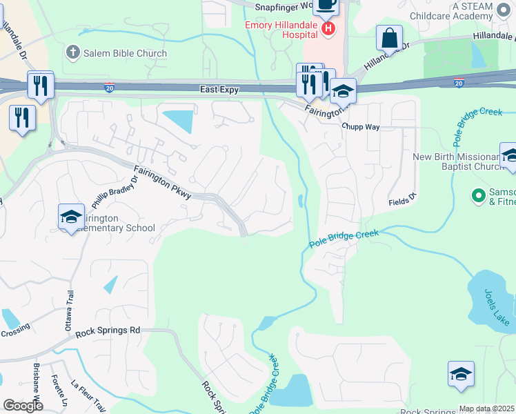 map of restaurants, bars, coffee shops, grocery stores, and more near 2430 Piering Drive in Stonecrest