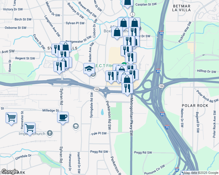 map of restaurants, bars, coffee shops, grocery stores, and more near Lakewood Avenue in Atlanta