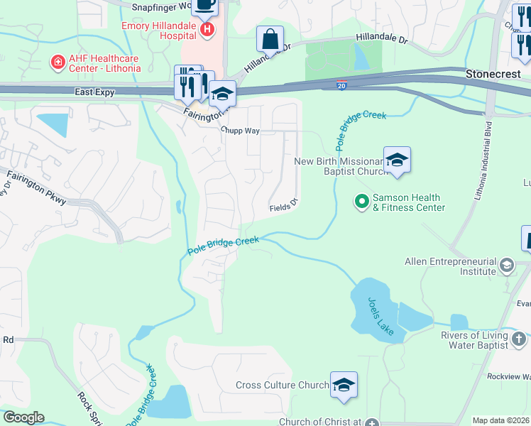 map of restaurants, bars, coffee shops, grocery stores, and more near 3004 Fields Drive in Stonecrest