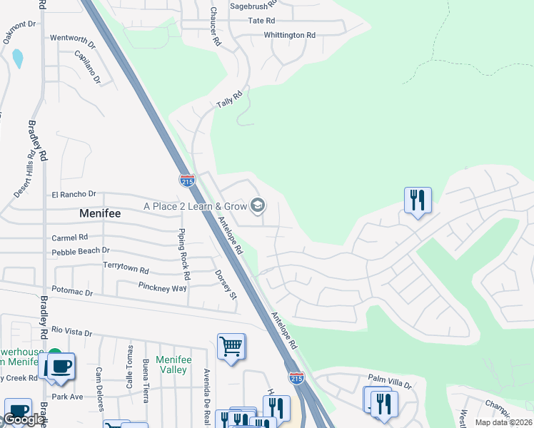 map of restaurants, bars, coffee shops, grocery stores, and more near 29184 Stone Ridge Street in Menifee