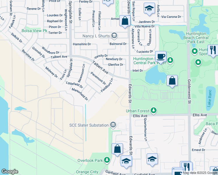 map of restaurants, bars, coffee shops, grocery stores, and more near 18282 Fieldbury Lane in Huntington Beach
