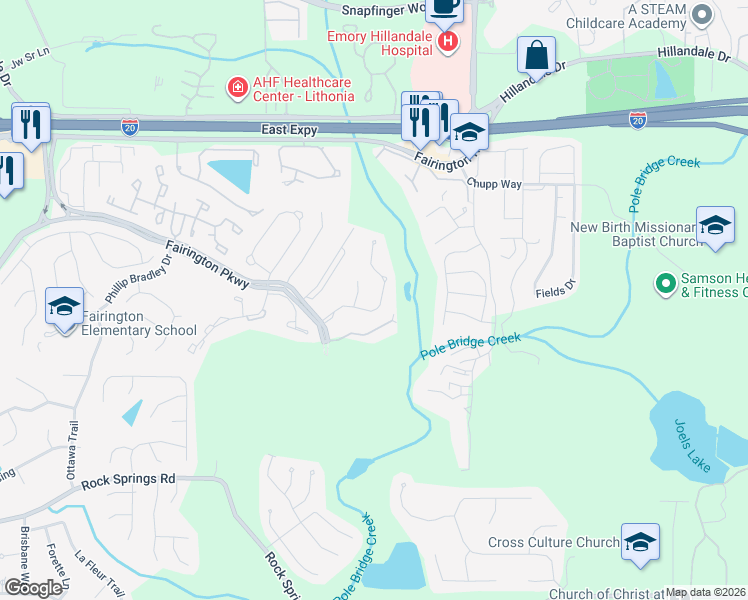 map of restaurants, bars, coffee shops, grocery stores, and more near 2635 Parrish Court in Stonecrest