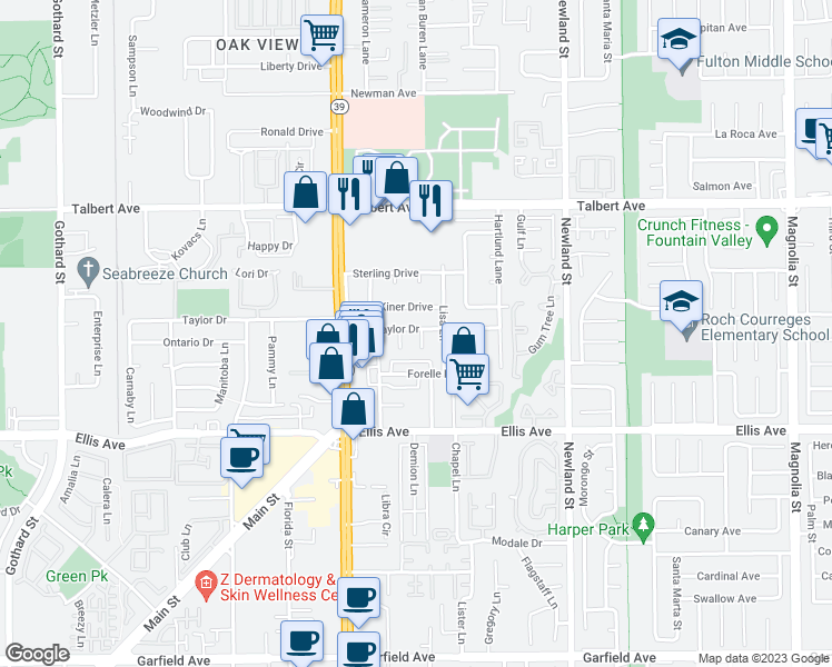 map of restaurants, bars, coffee shops, grocery stores, and more near 18271 Roberta Circle in Huntington Beach