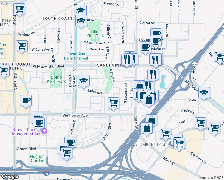 map of restaurants, bars, coffee shops, grocery stores, and more near 3717 South Birch Street in Santa Ana