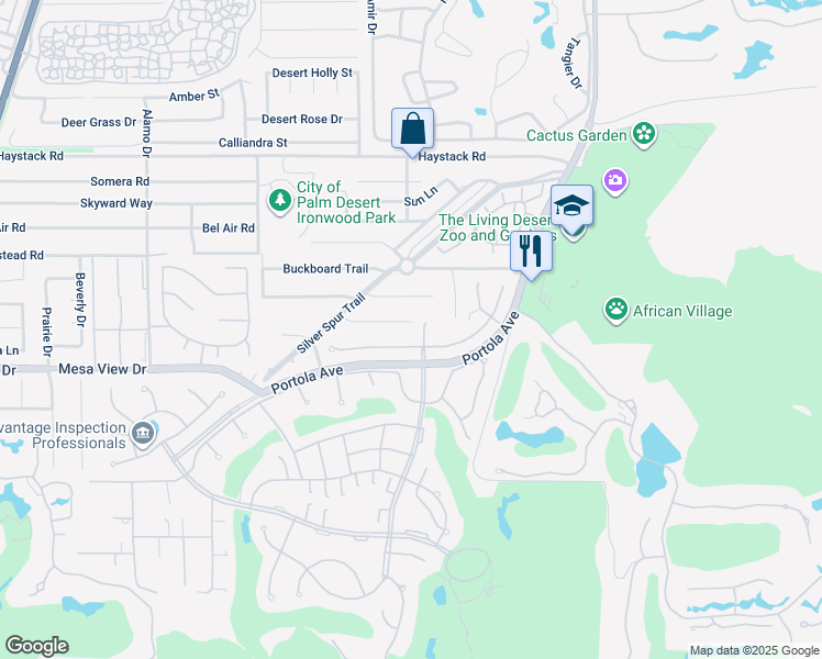 map of restaurants, bars, coffee shops, grocery stores, and more near 73589 Feather Trail in Palm Desert