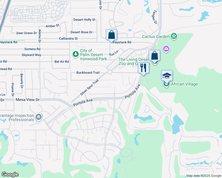 map of restaurants, bars, coffee shops, grocery stores, and more near 73589 Feather Trail in Palm Desert