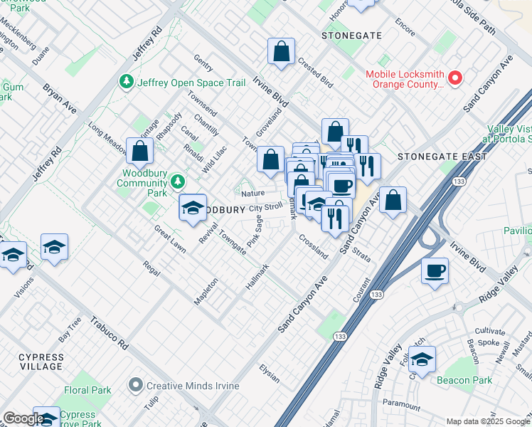 map of restaurants, bars, coffee shops, grocery stores, and more near 54 City Stroll in Irvine