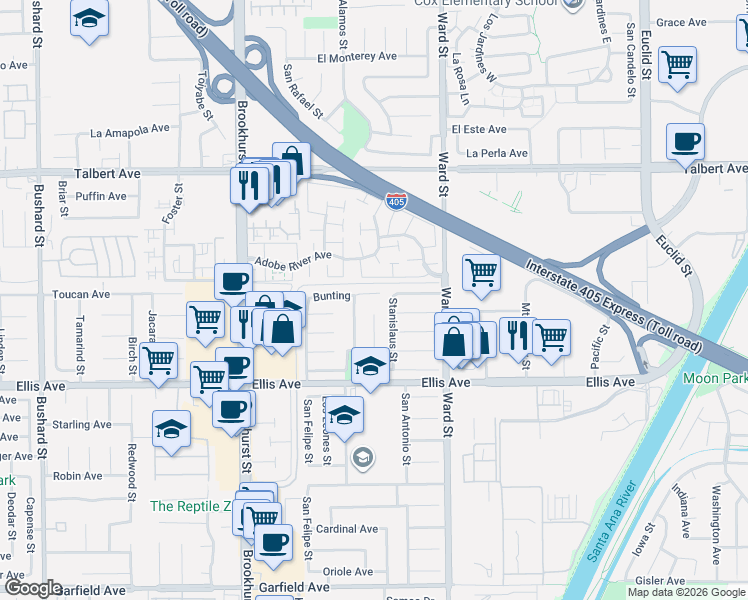 map of restaurants, bars, coffee shops, grocery stores, and more near 10347 Bunting Circle in Fountain Valley