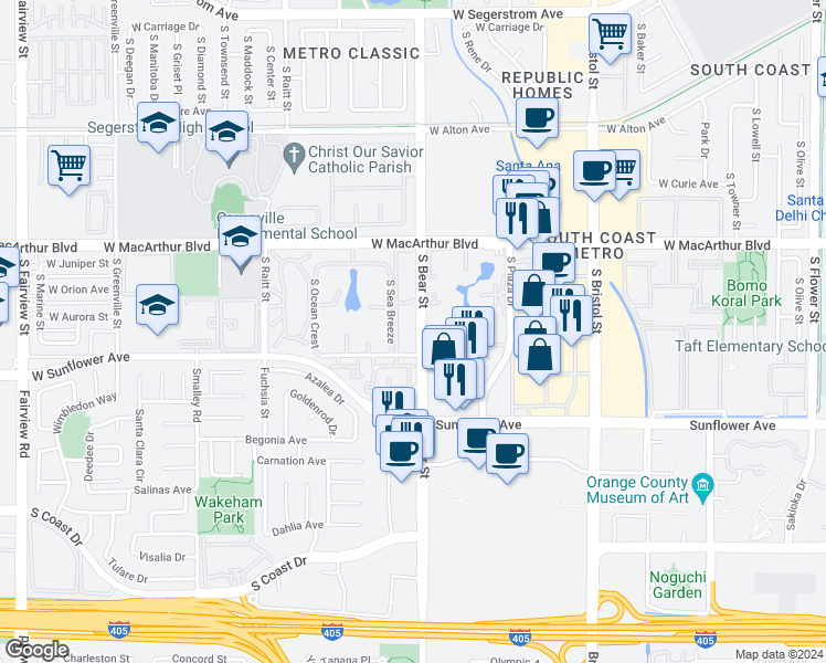 map of restaurants, bars, coffee shops, grocery stores, and more near 3750 South Bear Street in Santa Ana