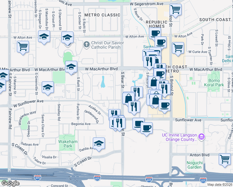 map of restaurants, bars, coffee shops, grocery stores, and more near 3740 South Bear Street in Santa Ana