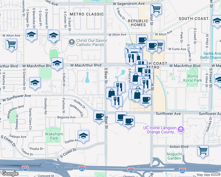 map of restaurants, bars, coffee shops, grocery stores, and more near 3683 South Bear Street in Santa Ana