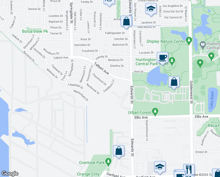 map of restaurants, bars, coffee shops, grocery stores, and more near 18282 Fieldbury Lane in Huntington Beach