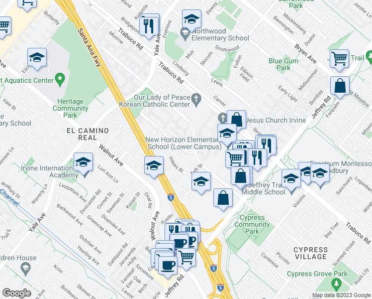 map of restaurants, bars, coffee shops, grocery stores, and more near 385 Huntington in Irvine