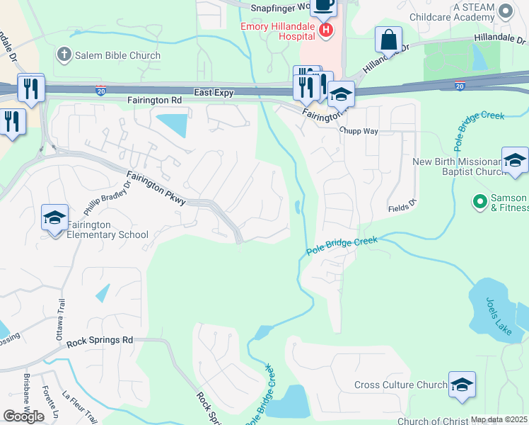 map of restaurants, bars, coffee shops, grocery stores, and more near 2635 Parrish Court in Stonecrest