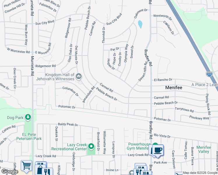 map of restaurants, bars, coffee shops, grocery stores, and more near 29280 Carmel Road in Menifee