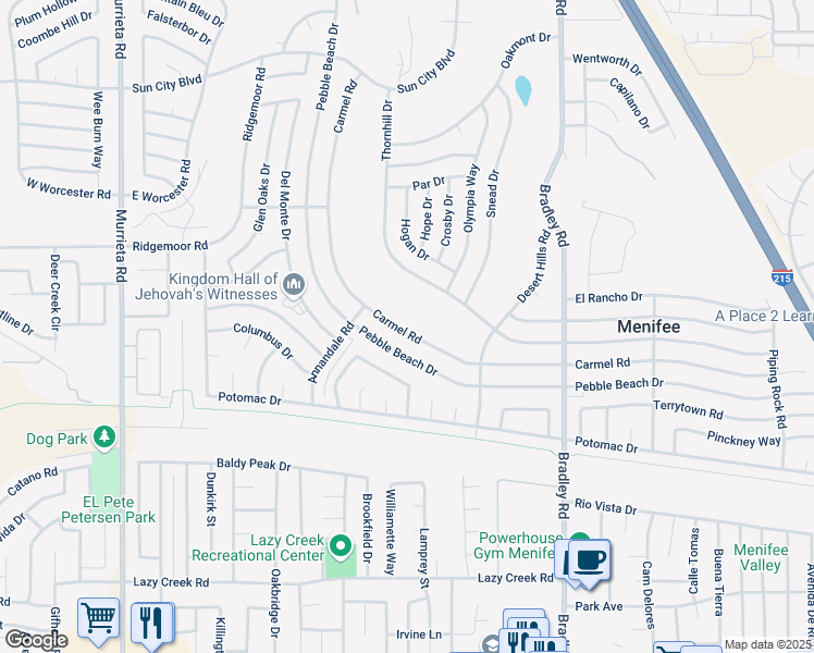 map of restaurants, bars, coffee shops, grocery stores, and more near 29300 Carmel Road in Menifee