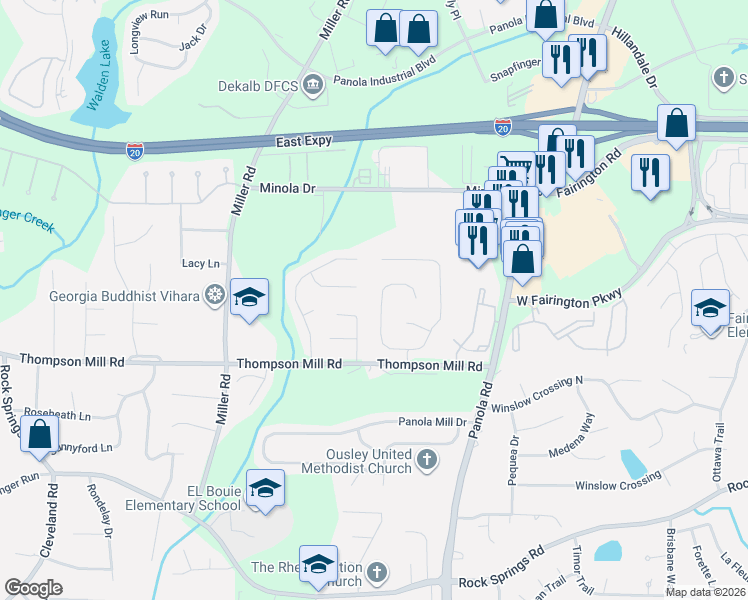 map of restaurants, bars, coffee shops, grocery stores, and more near 5144 Winding Glen Drive in Stonecrest