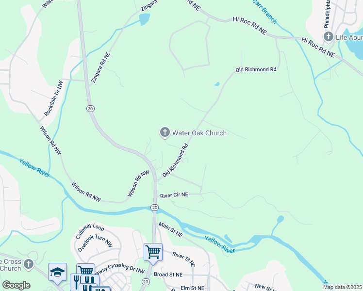 map of restaurants, bars, coffee shops, grocery stores, and more near 2030 Carr Road Northeast in Conyers