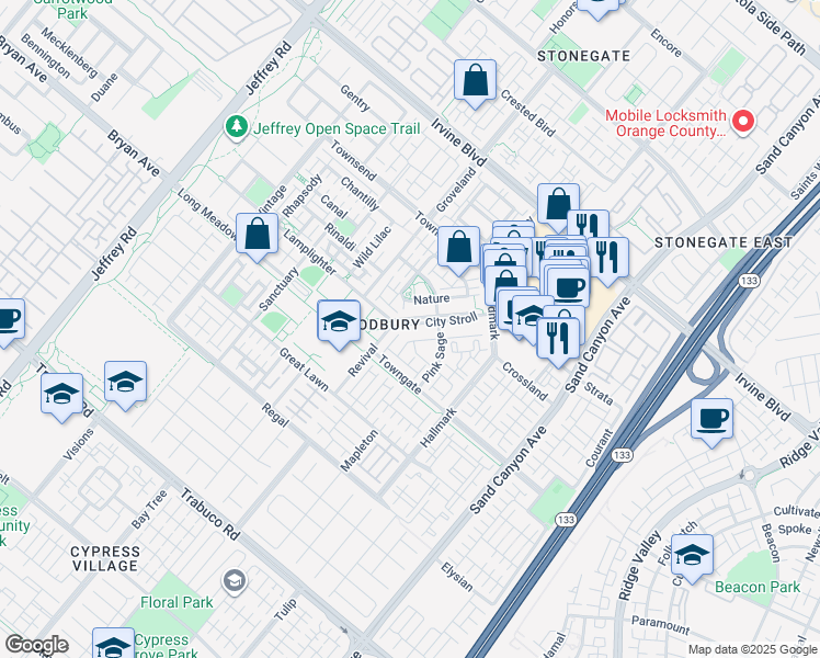 map of restaurants, bars, coffee shops, grocery stores, and more near 22 City Stroll in Irvine