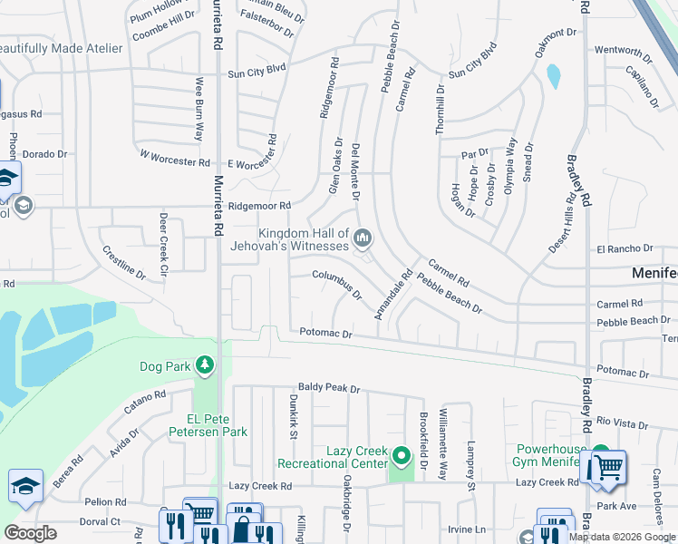 map of restaurants, bars, coffee shops, grocery stores, and more near 26328 Columbus Drive in Menifee