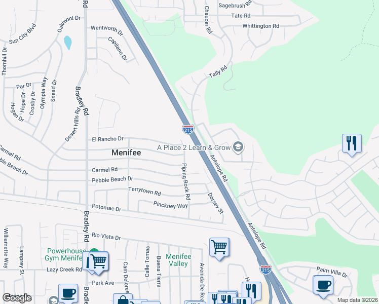 map of restaurants, bars, coffee shops, grocery stores, and more near 29232 Piping Rock Road in Menifee