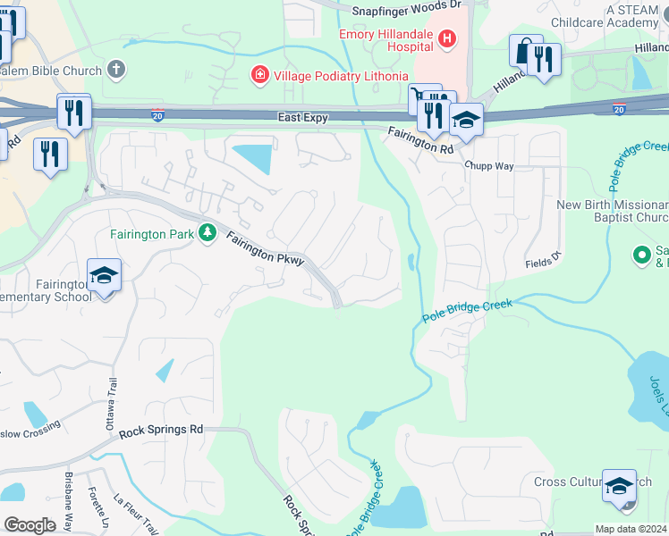 map of restaurants, bars, coffee shops, grocery stores, and more near 9102 Fairington Ridge Circle in Lithonia