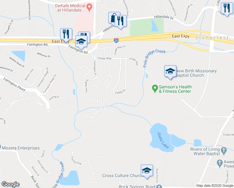 map of restaurants, bars, coffee shops, grocery stores, and more near 3001 Fields Drive in Lithonia