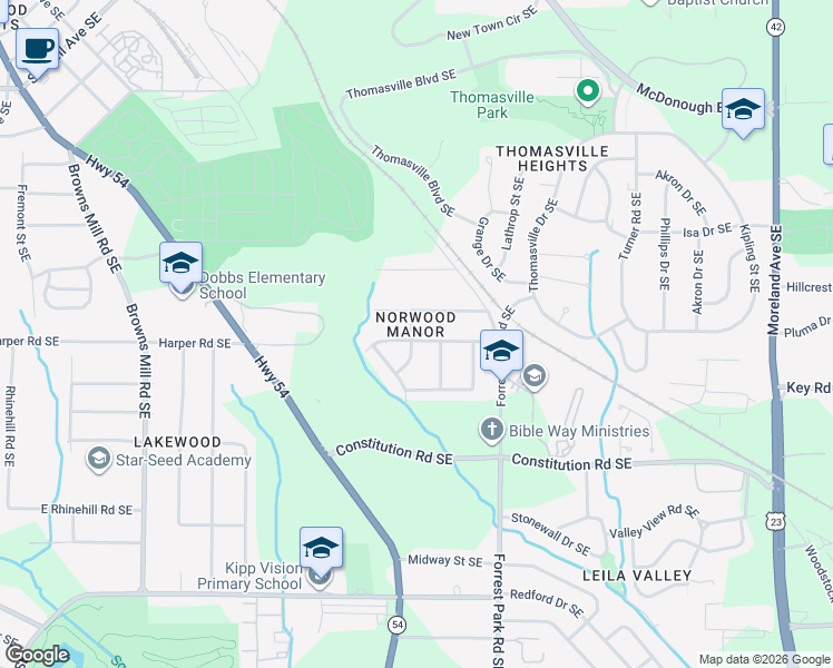 map of restaurants, bars, coffee shops, grocery stores, and more near 800 Norwood Road Southeast in Atlanta