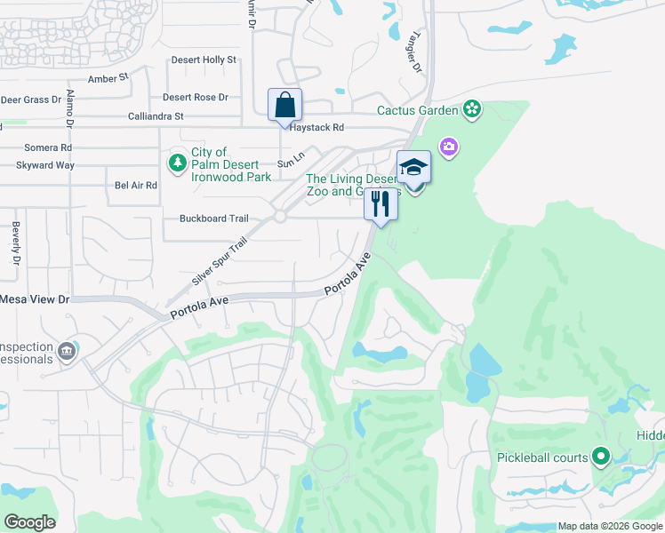 map of restaurants, bars, coffee shops, grocery stores, and more near 48301 Birdie Way in Palm Desert