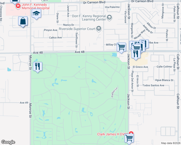 map of restaurants, bars, coffee shops, grocery stores, and more near 82518 Bogart Drive in Indio