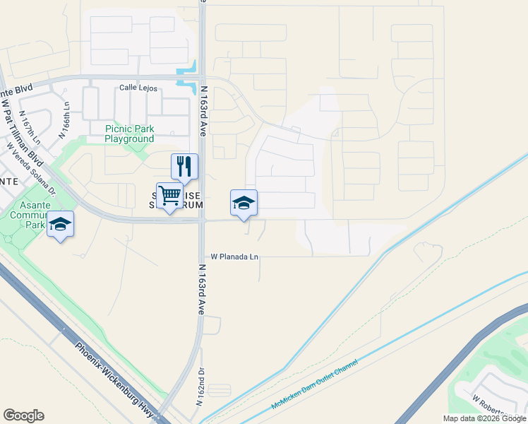 map of restaurants, bars, coffee shops, grocery stores, and more near 16076 West Electra Lane in Surprise