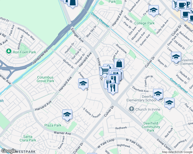 map of restaurants, bars, coffee shops, grocery stores, and more near 11 Pienza in Irvine