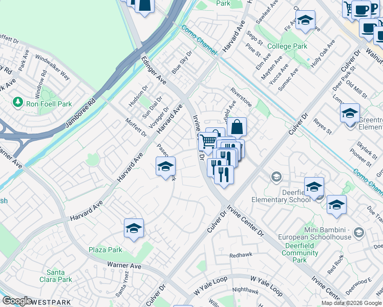 map of restaurants, bars, coffee shops, grocery stores, and more near 11 Pienza in Irvine