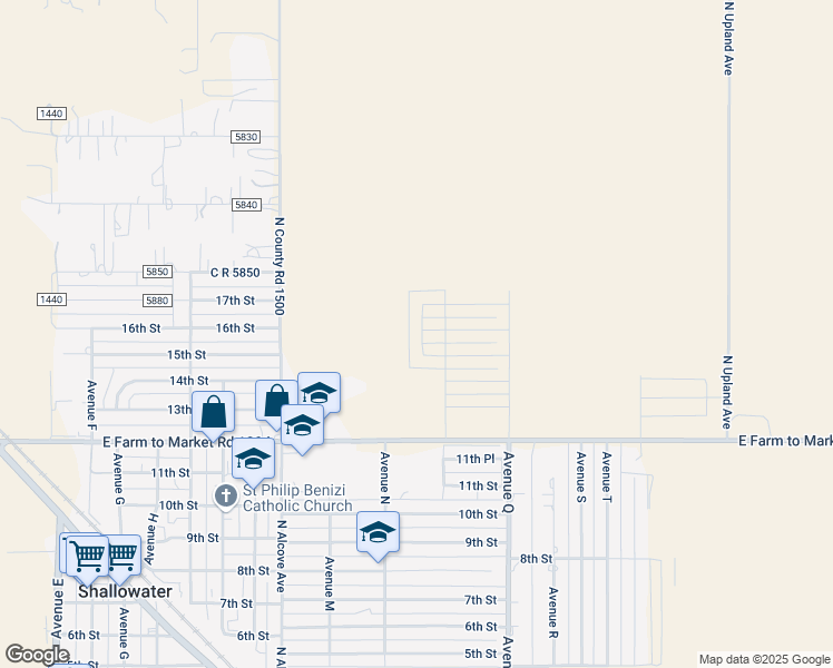 map of restaurants, bars, coffee shops, grocery stores, and more near 1404 16th Street in Shallowater