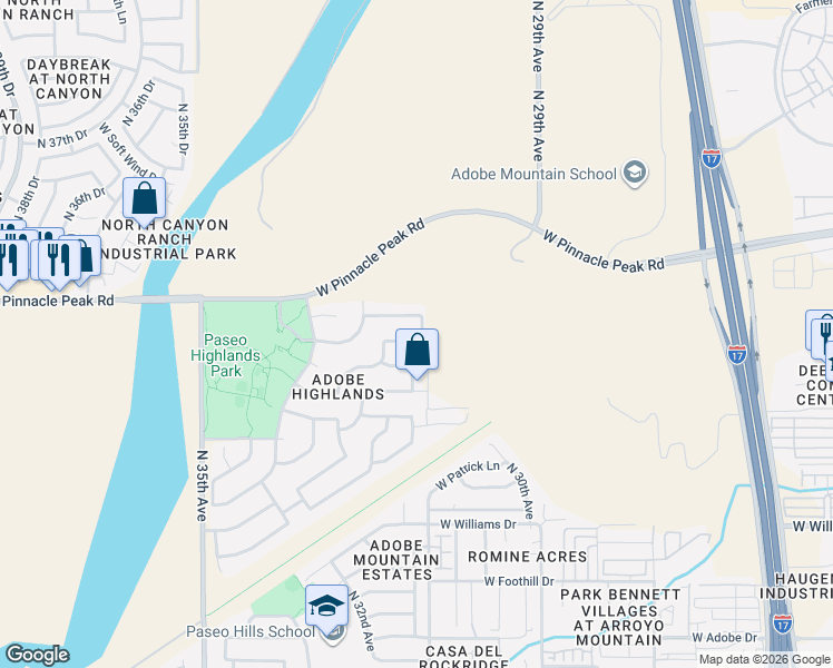 map of restaurants, bars, coffee shops, grocery stores, and more near 3107 West Casitas Del Rio Drive in Phoenix