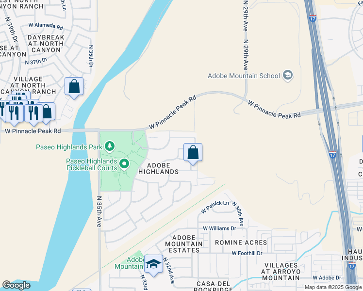 map of restaurants, bars, coffee shops, grocery stores, and more near 3141 West Casitas Del Rio Drive in Phoenix