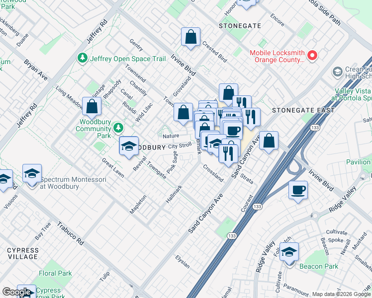 map of restaurants, bars, coffee shops, grocery stores, and more near 54 City Stroll in Irvine