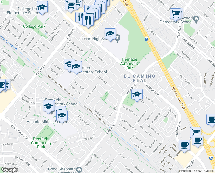 map of restaurants, bars, coffee shops, grocery stores, and more near 4522 Cheviot Drive in Irvine