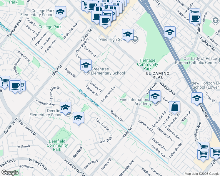map of restaurants, bars, coffee shops, grocery stores, and more near 14771 Groveview Lane in Irvine