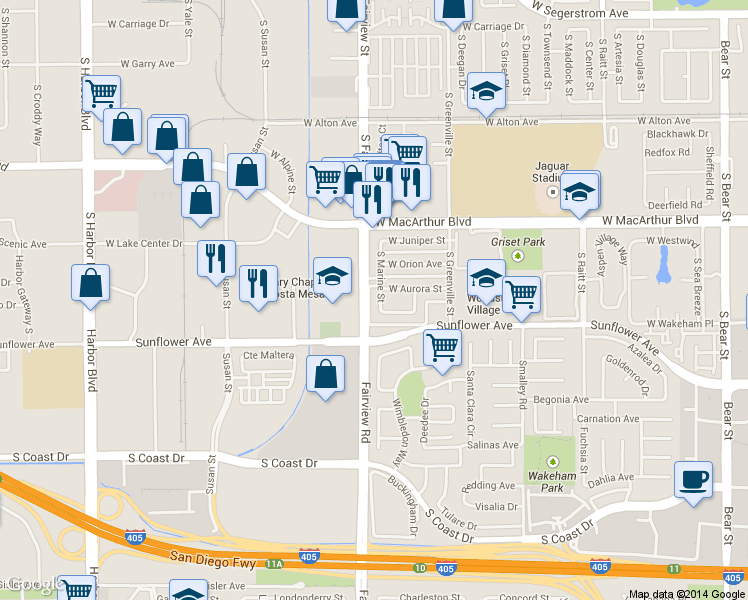 map of restaurants, bars, coffee shops, grocery stores, and more near 3714 South Marine Street in Santa Ana