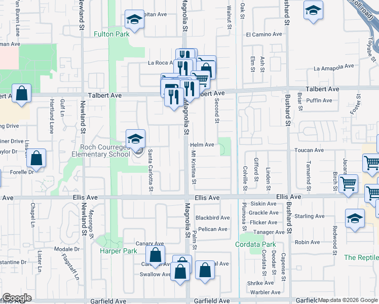 map of restaurants, bars, coffee shops, grocery stores, and more near 18264 Santa Belinda Circle in Fountain Valley
