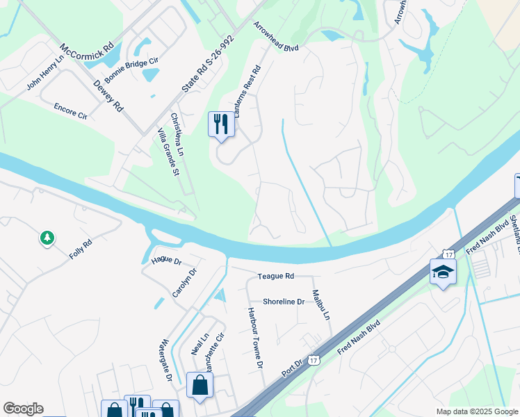 map of restaurants, bars, coffee shops, grocery stores, and more near 1525 Lanterns Rest Road in Myrtle Beach