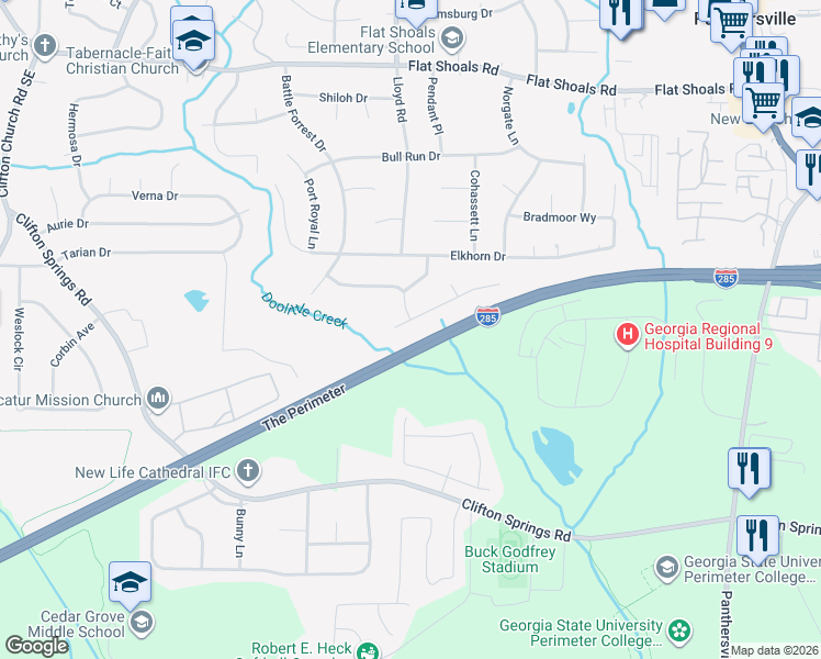 map of restaurants, bars, coffee shops, grocery stores, and more near 2585 Appomattox Drive in Decatur