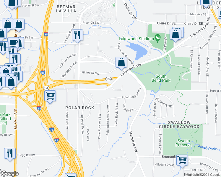 map of restaurants, bars, coffee shops, grocery stores, and more near 2294 Lakewood Avenue Southwest in Atlanta