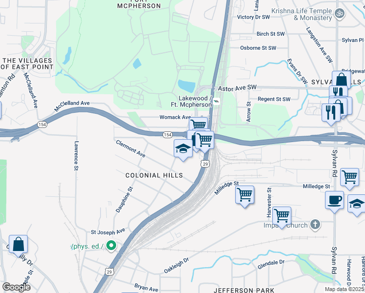 map of restaurants, bars, coffee shops, grocery stores, and more near 2103 Newnan Street in East Point