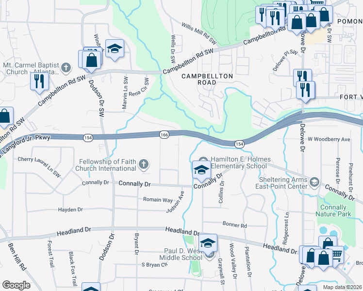 map of restaurants, bars, coffee shops, grocery stores, and more near 2114 Ivydale Street in East Point