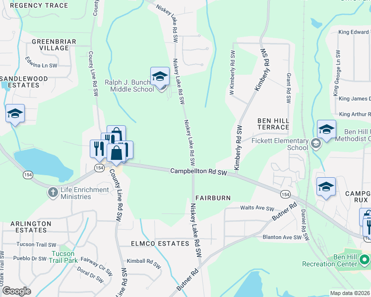map of restaurants, bars, coffee shops, grocery stores, and more near 2072 Niskey Lake Road Southwest in Atlanta