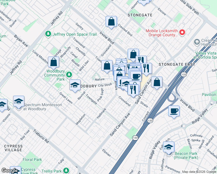 map of restaurants, bars, coffee shops, grocery stores, and more near 61 Mission Bell in Irvine