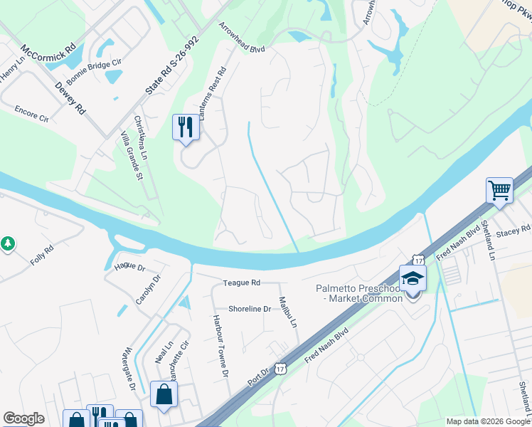map of restaurants, bars, coffee shops, grocery stores, and more near 603 Riverwalk Drive in Myrtle Beach
